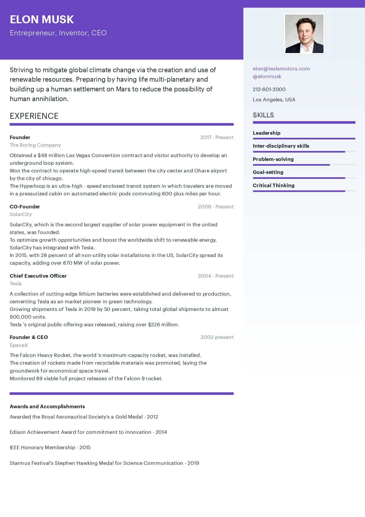 Elon Musk Resume Template Download Free 2021] Single-page Resume Of Elon Musk