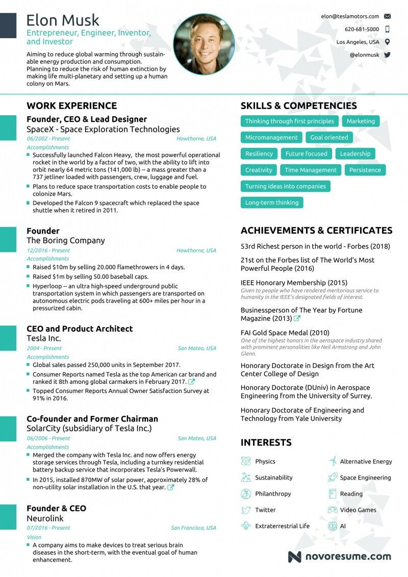 Elon Musk Resume Template Download Free Elon Musk’s Impressive 1 Page Resume!!! Good Resume Examples …
