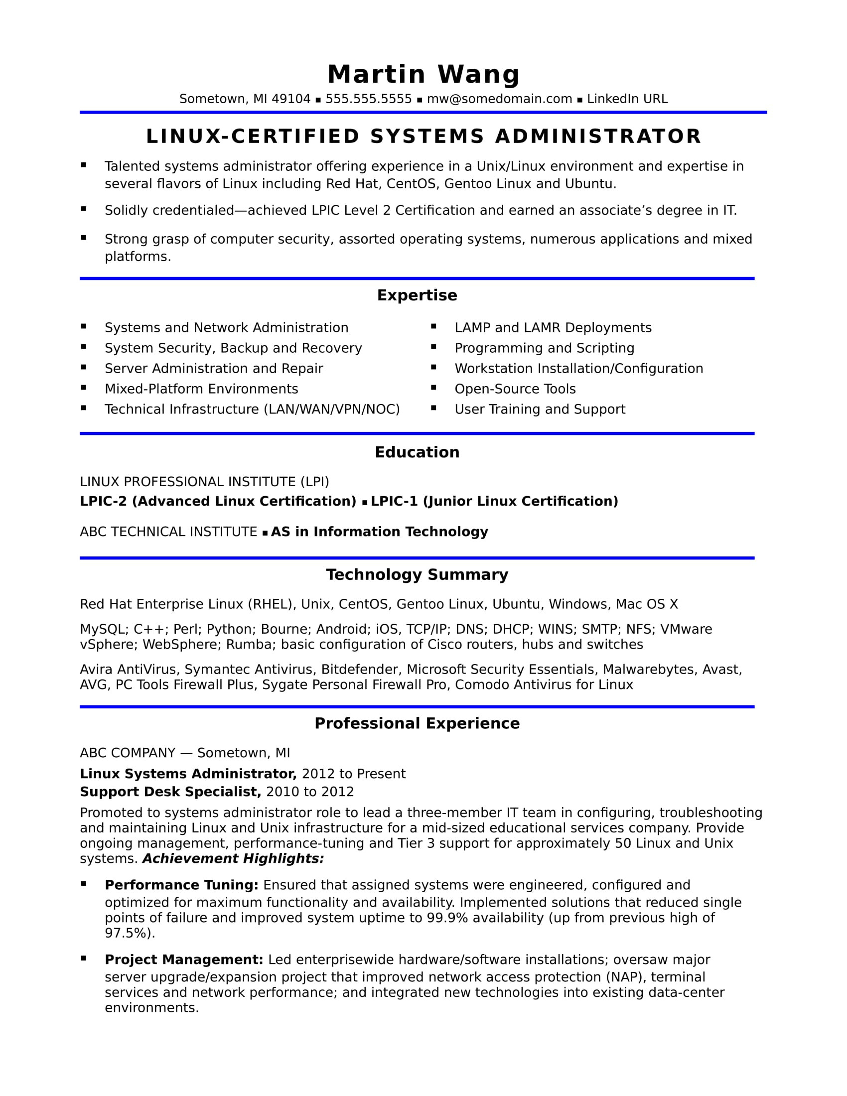 sample resume systems administrator midlevel