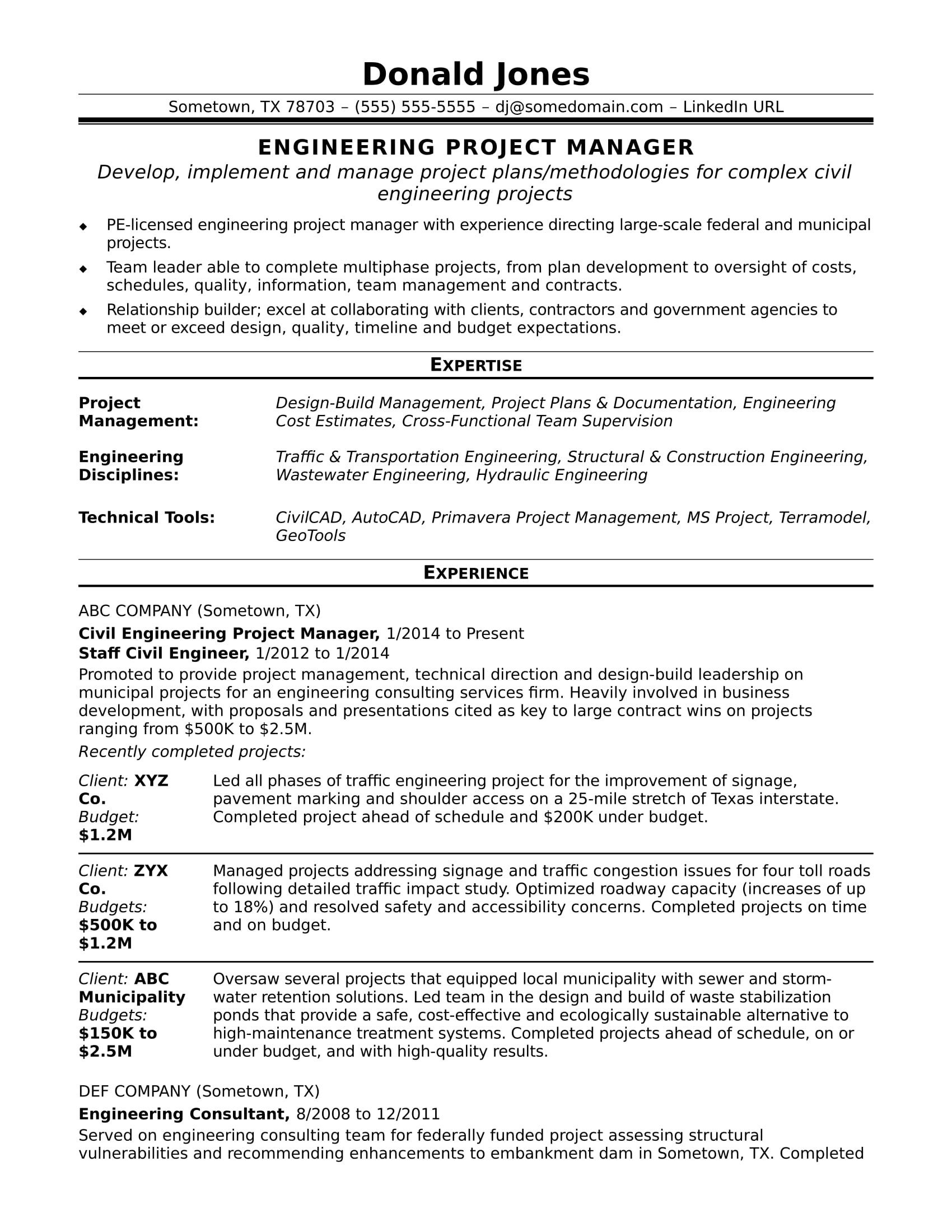 Federal Program Manager Sample Resum E Sample Resume for A Midlevel Engineering Project Manager Monster.com