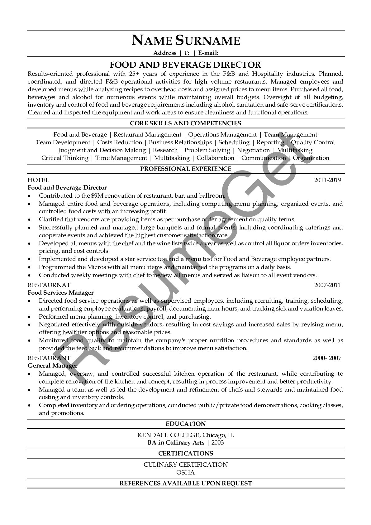 Food and Beverage Manager Resume Template Food and Beverage Director Resume Examples Resumegets.com