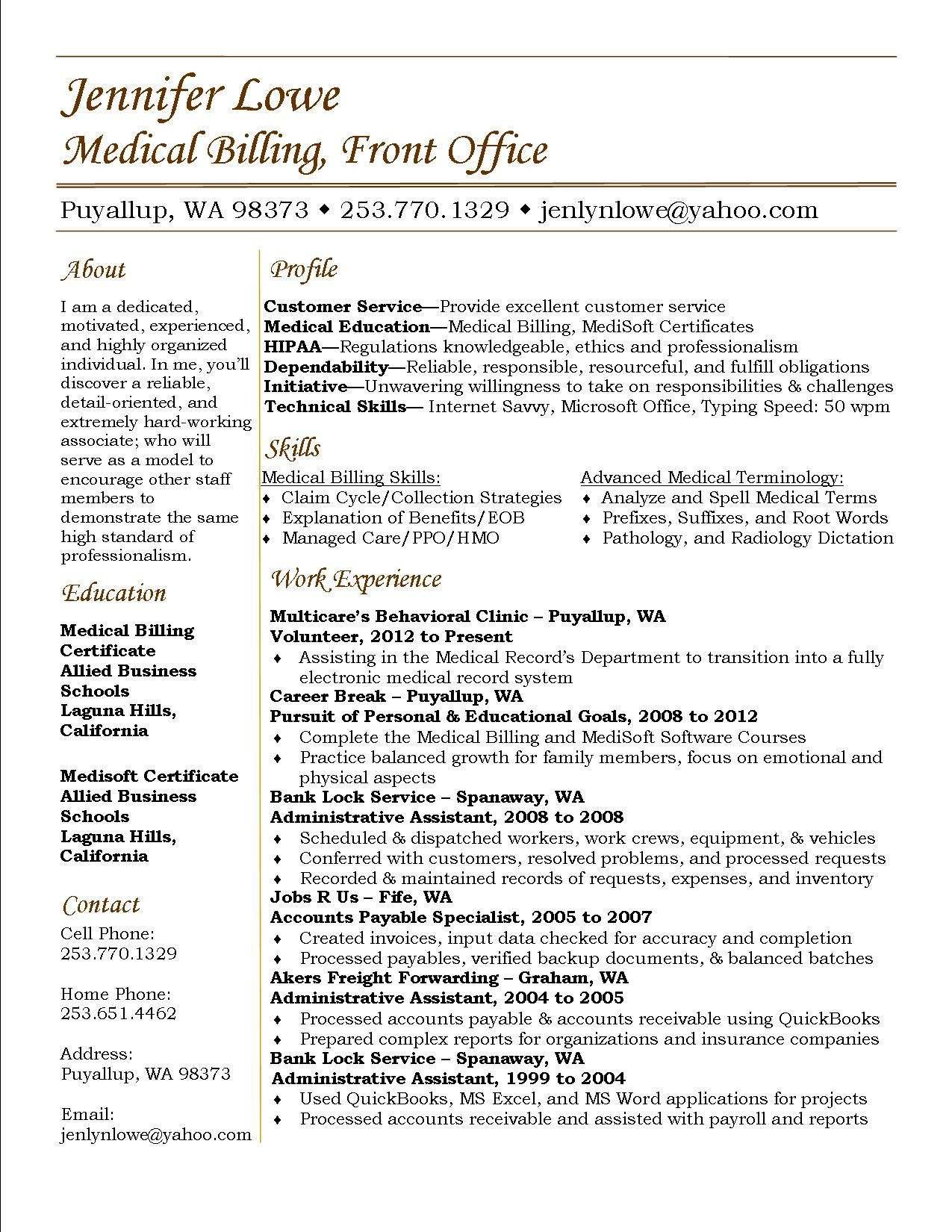 Free Medical Billing and Coding Resume Templates Jennifer Lowe Resume – Medical Billing #resume #career Medical …