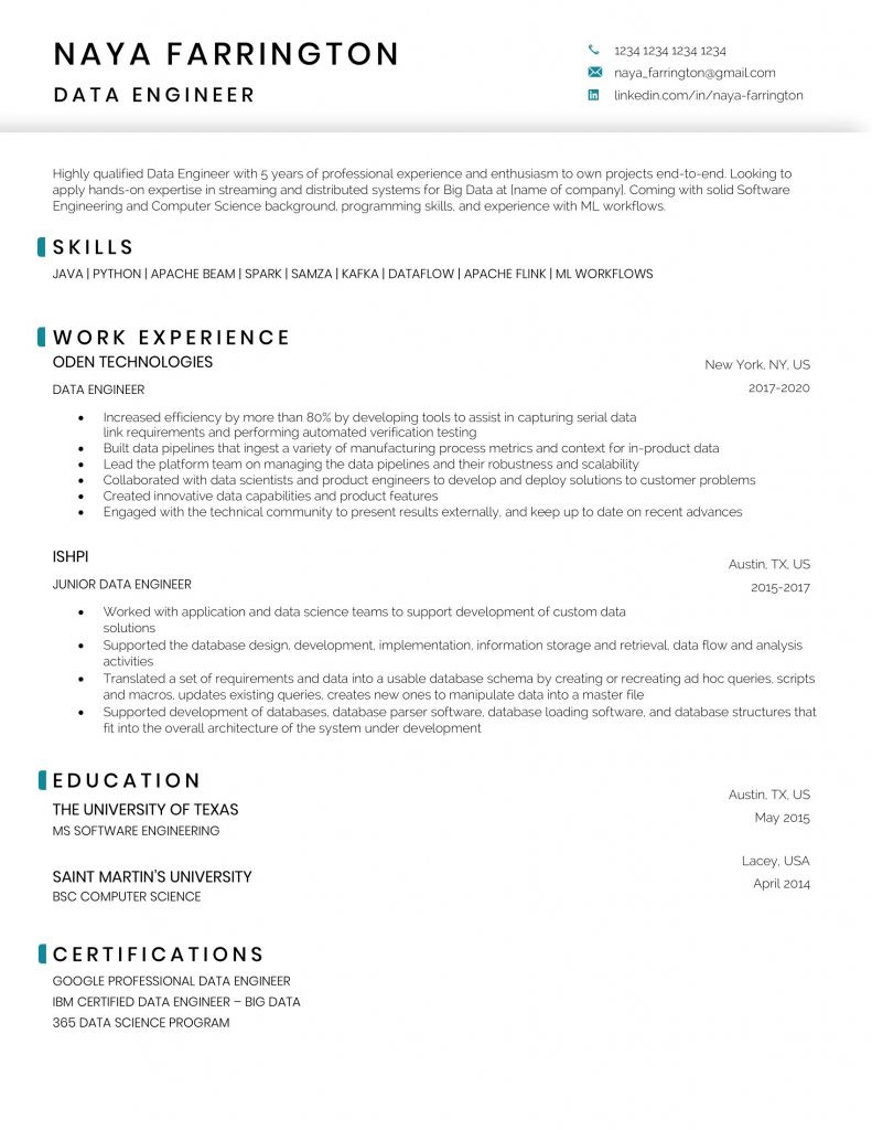 Jr Level Position Spark Streaming and Python Sample Resume Data Engineer Resume Sample and Template 365 Data Science