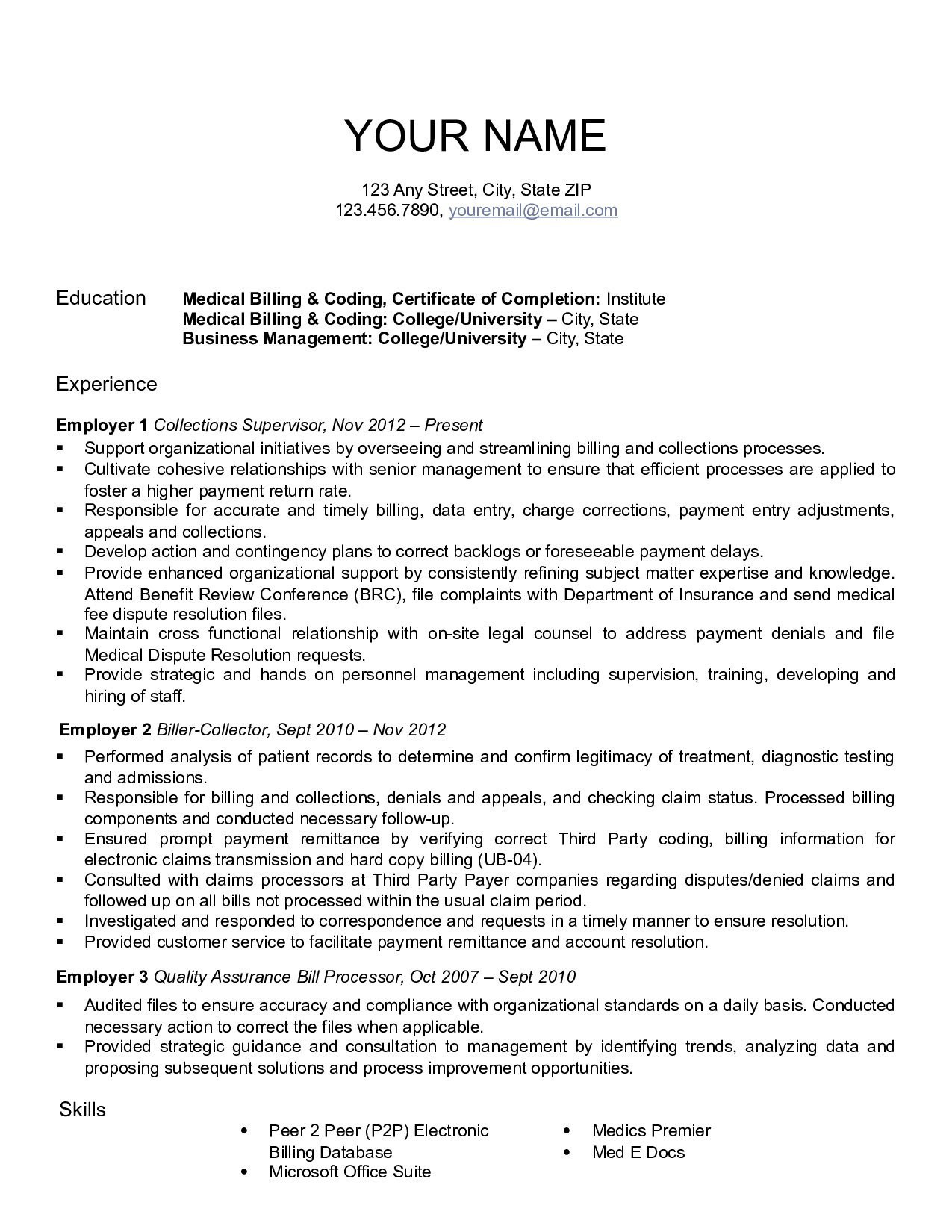 Medical Billing and Coding Resume Templates Medical Billing Resume