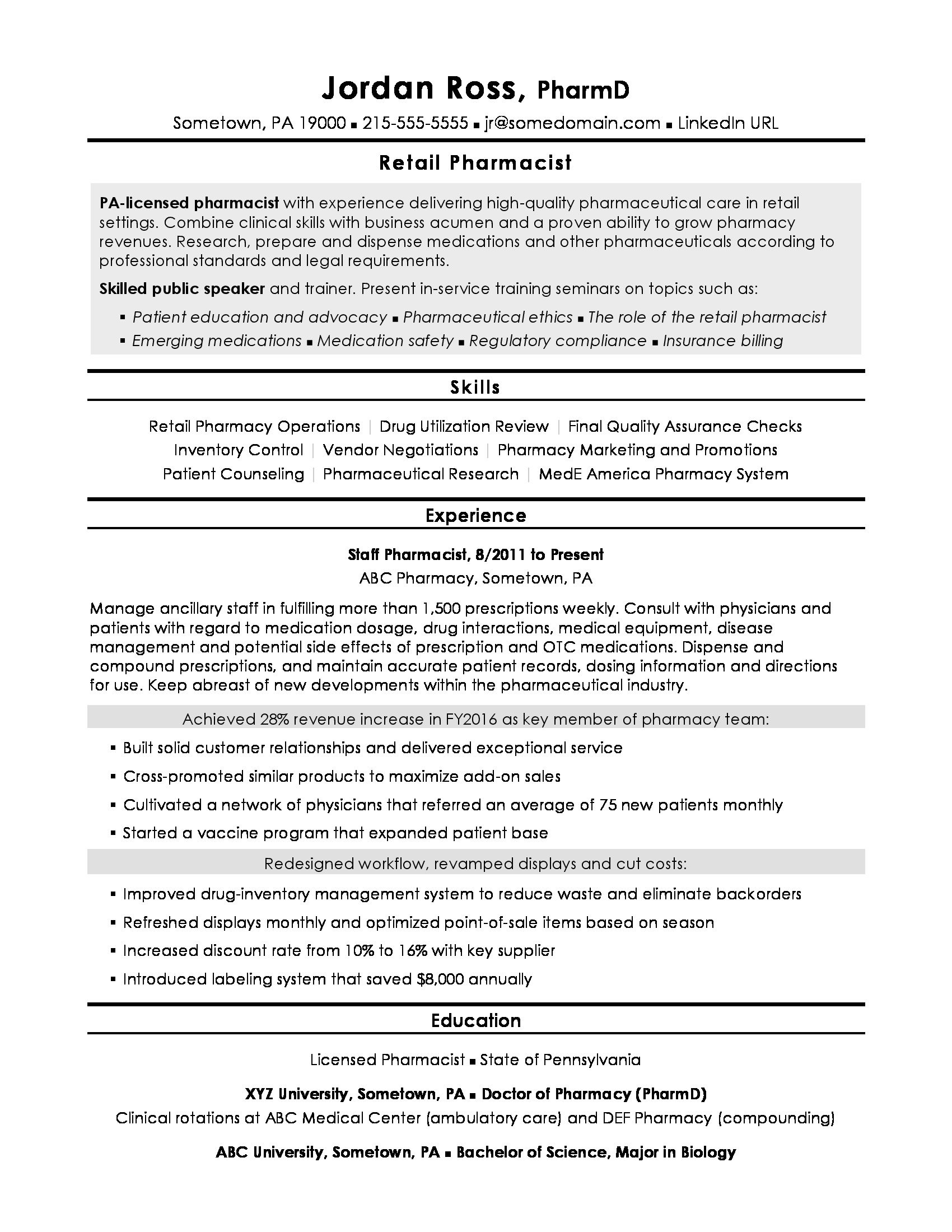 Resume for Being A Pharmacist Samples Sample Pharmacist Resume Monster.com