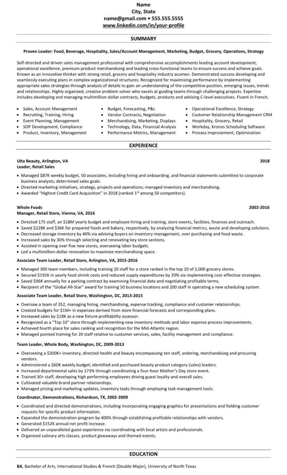 Resume for Big Box Retail assistant Manager Samples Sample Linkedin Profile & Resume Retail Sales Manager, Grocery …