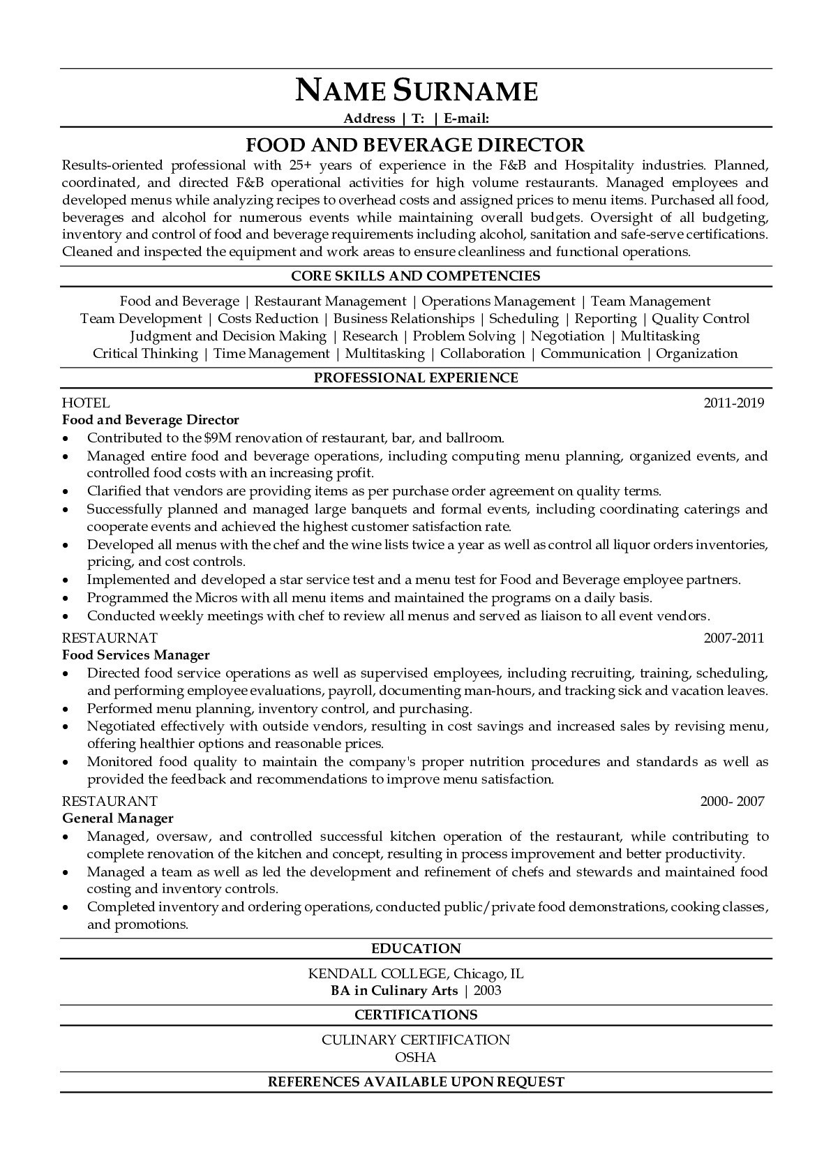 Resume Sample for A Directore Of Operations Culinary Job Food and Beverage Director Resume Sample Resumegets.com