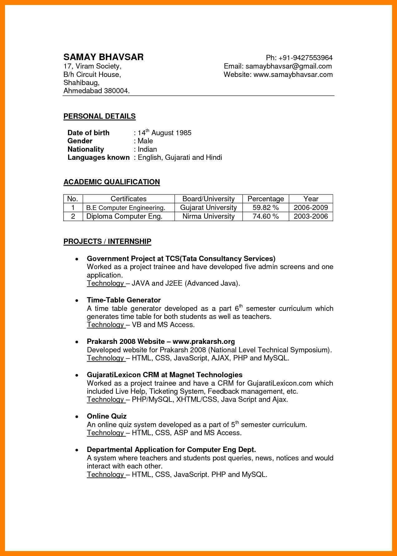 Resume Samples for College Students In India Resume format Gujarat – Resume format Resume format, Sample …