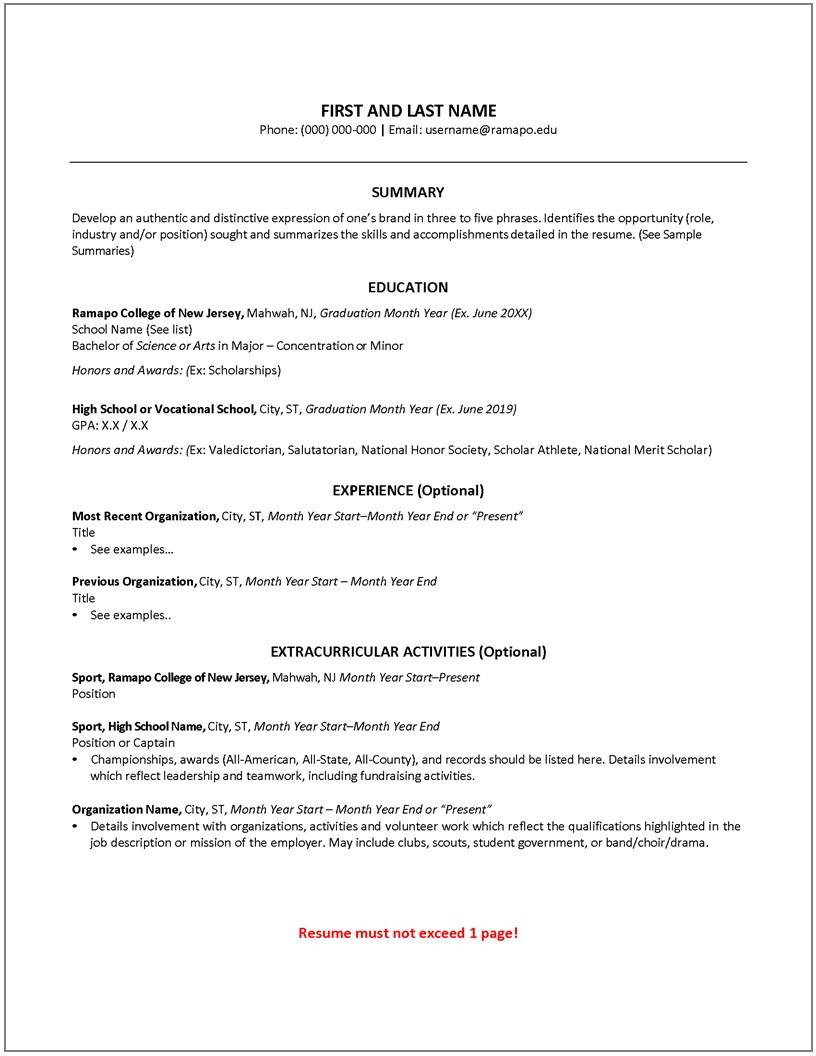 Resume Template for First Job after College First Year Resume – Cahill Career Development Center Ramapo …