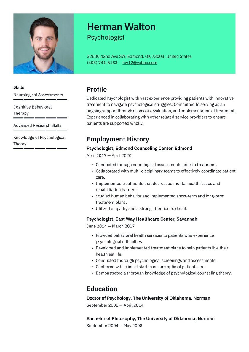 Resume Templates for Mental Health Professionals Psychologist Resume Examples & Writing Tips 2021 (free Guide)