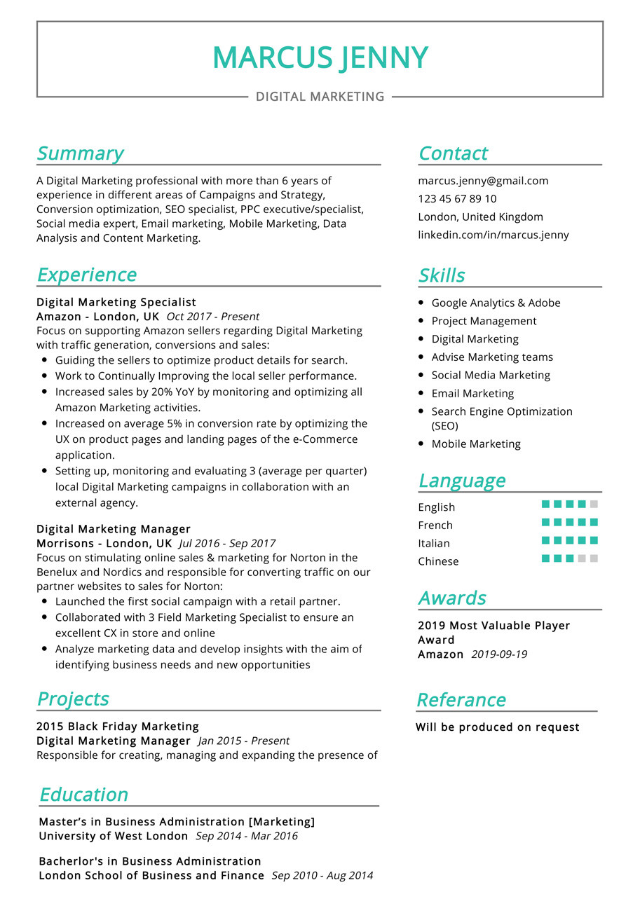 Resume Templates for social Media Marketing Digital Marketing Resume Example Cv Sample [2020] Resumekraft