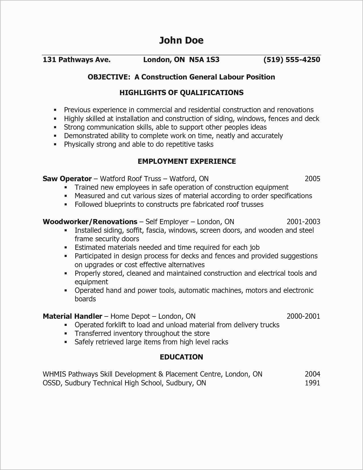 Sample Of Resume for General Labor Labourers Resume October 2021
