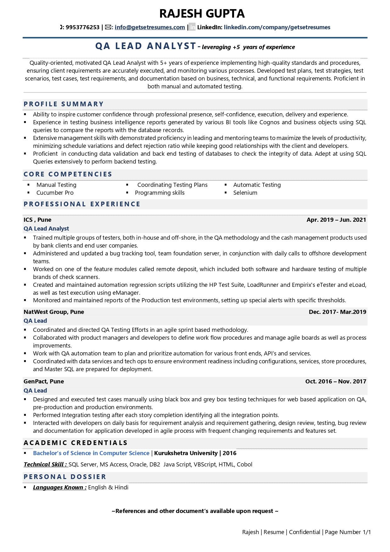 Sample Qa Test Lead Resume In Usa format Qa Lead Resume Examples & Template (with Job Winning Tips)
