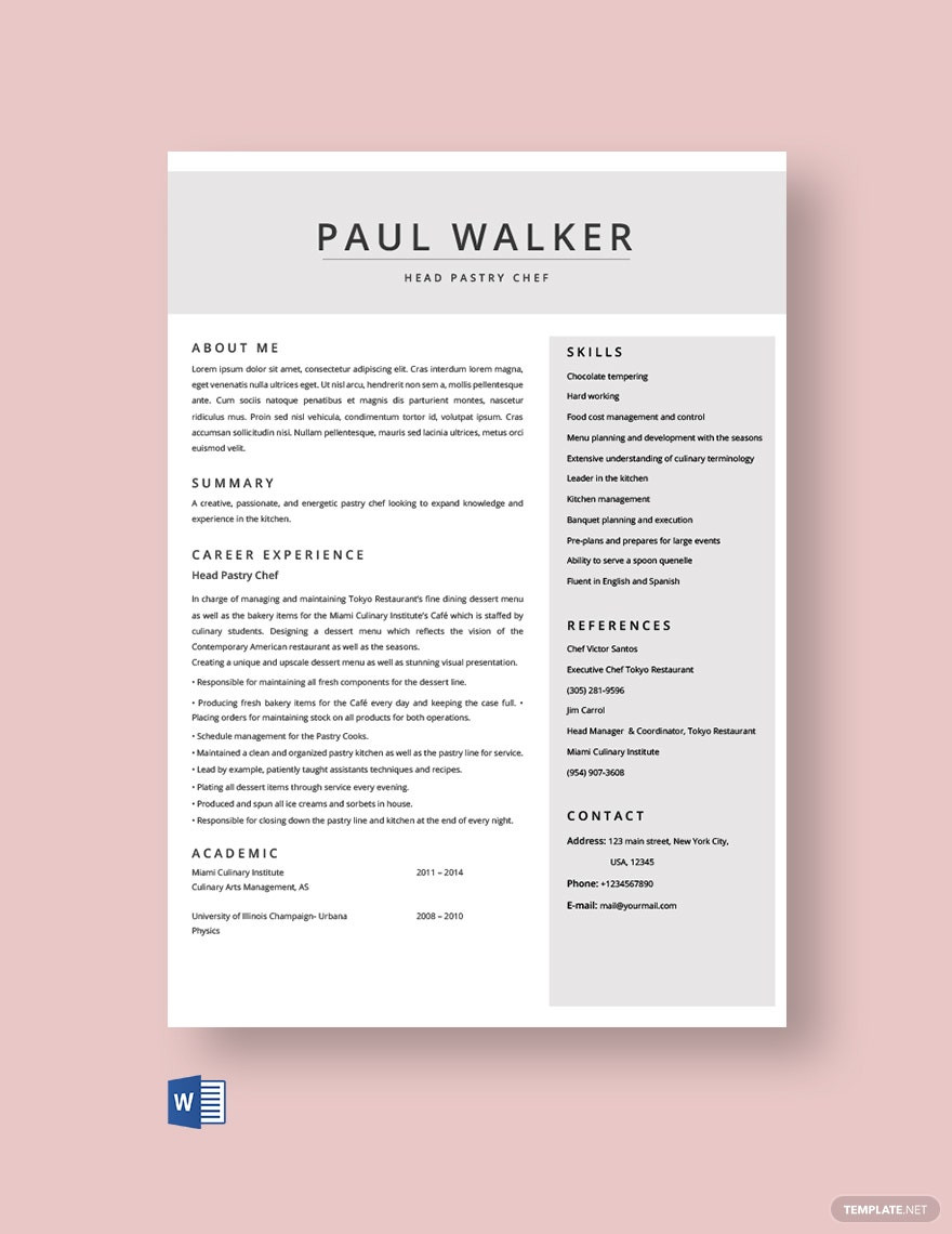 Sample Resume for Baking and Pastry Pastry Chef Resume Template – Word Template.net