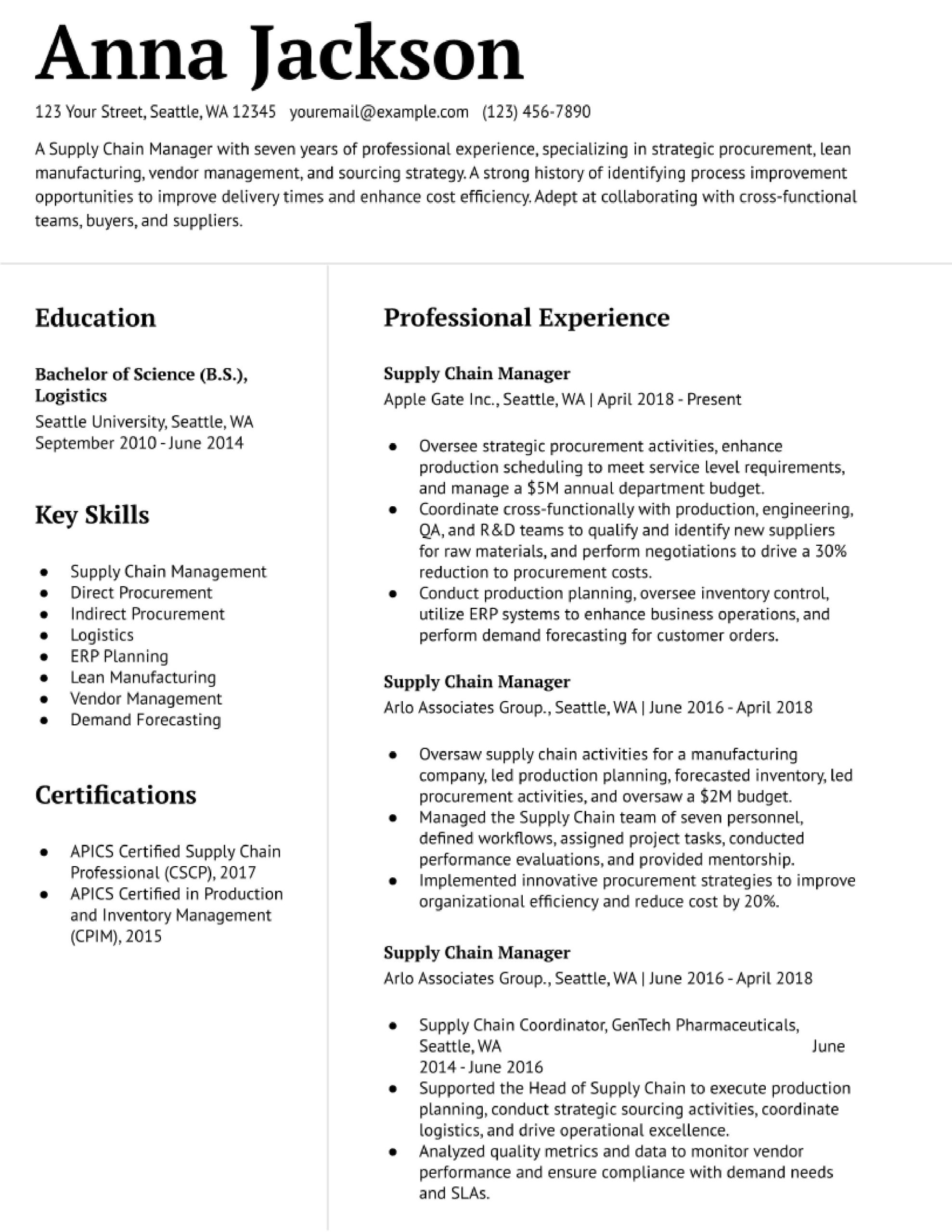 Sample Resume for Entry Level Logistics Coordinator Supply Chain Manager Resume Examples In 2022 – Resumebuilder.com