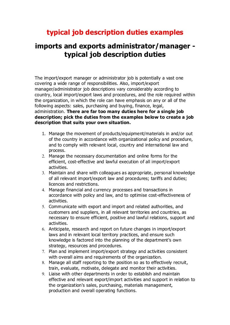 Sample Resume for Import Export Executive Typical Job Description Import Export Manager