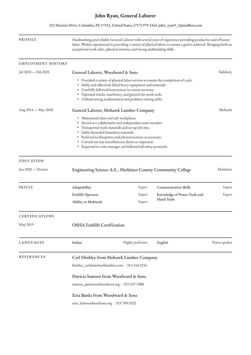 Sample Resume for Minimum Wage Jobs General Laborer Resume Examples & Writing Tips 2022 (free Guide)