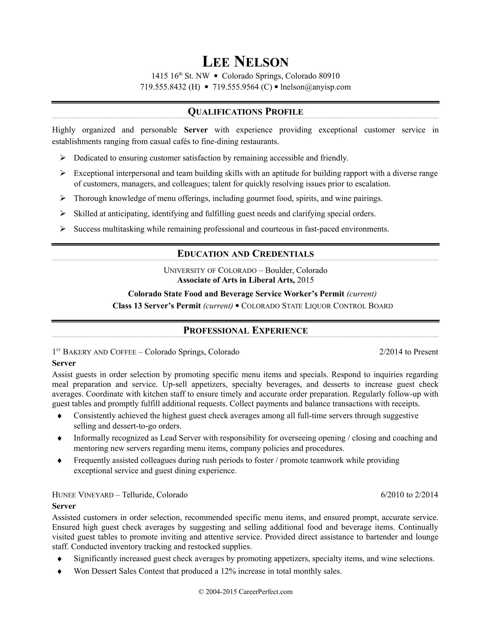 Sample Resume for Part Time Job In Restaurant Restaurant Server Resume Sample Monster.com