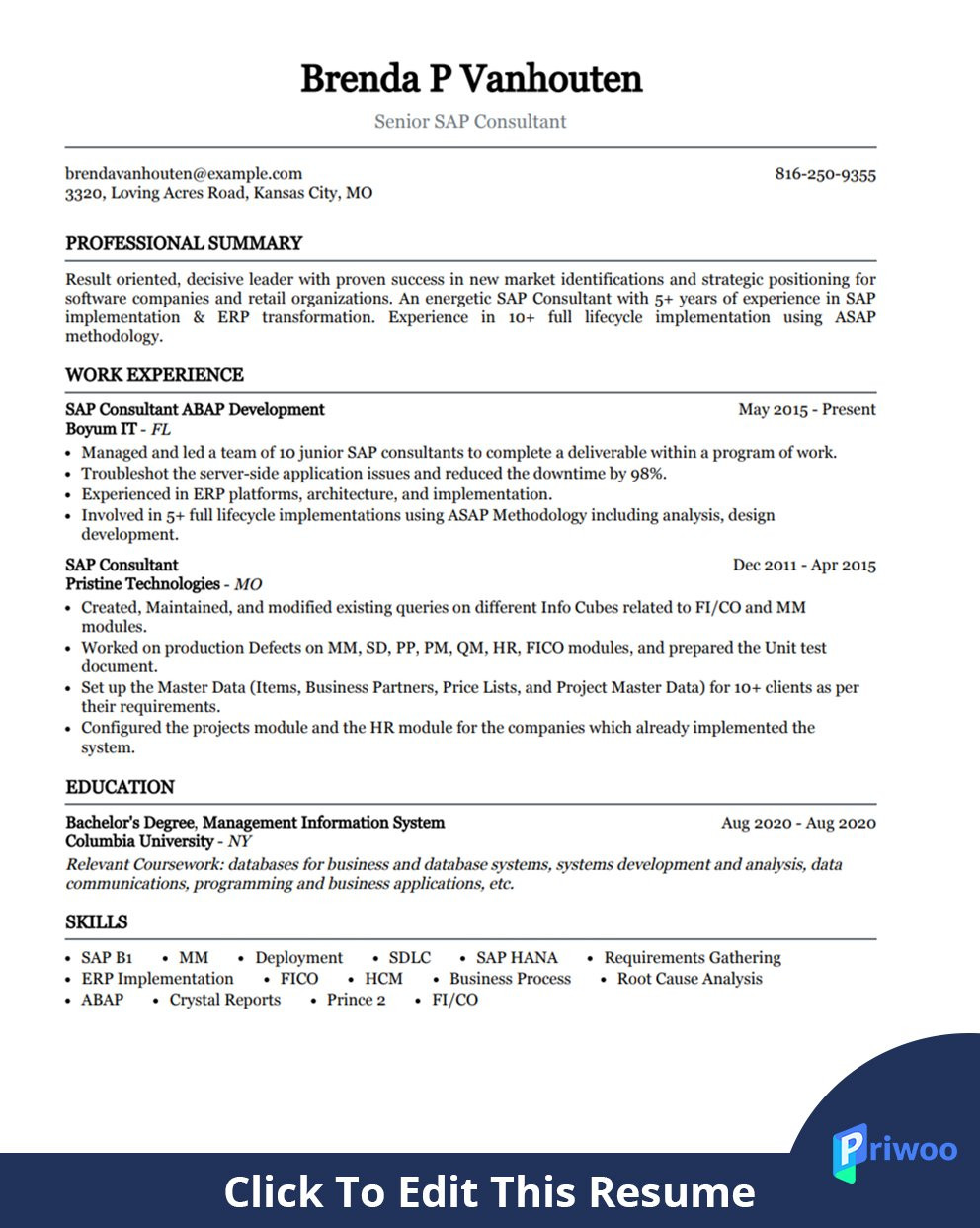 Sample Resume for Sap Mm Consultant Sap Consultant Resume Example (best Action Verbs & Skills) Priwoo