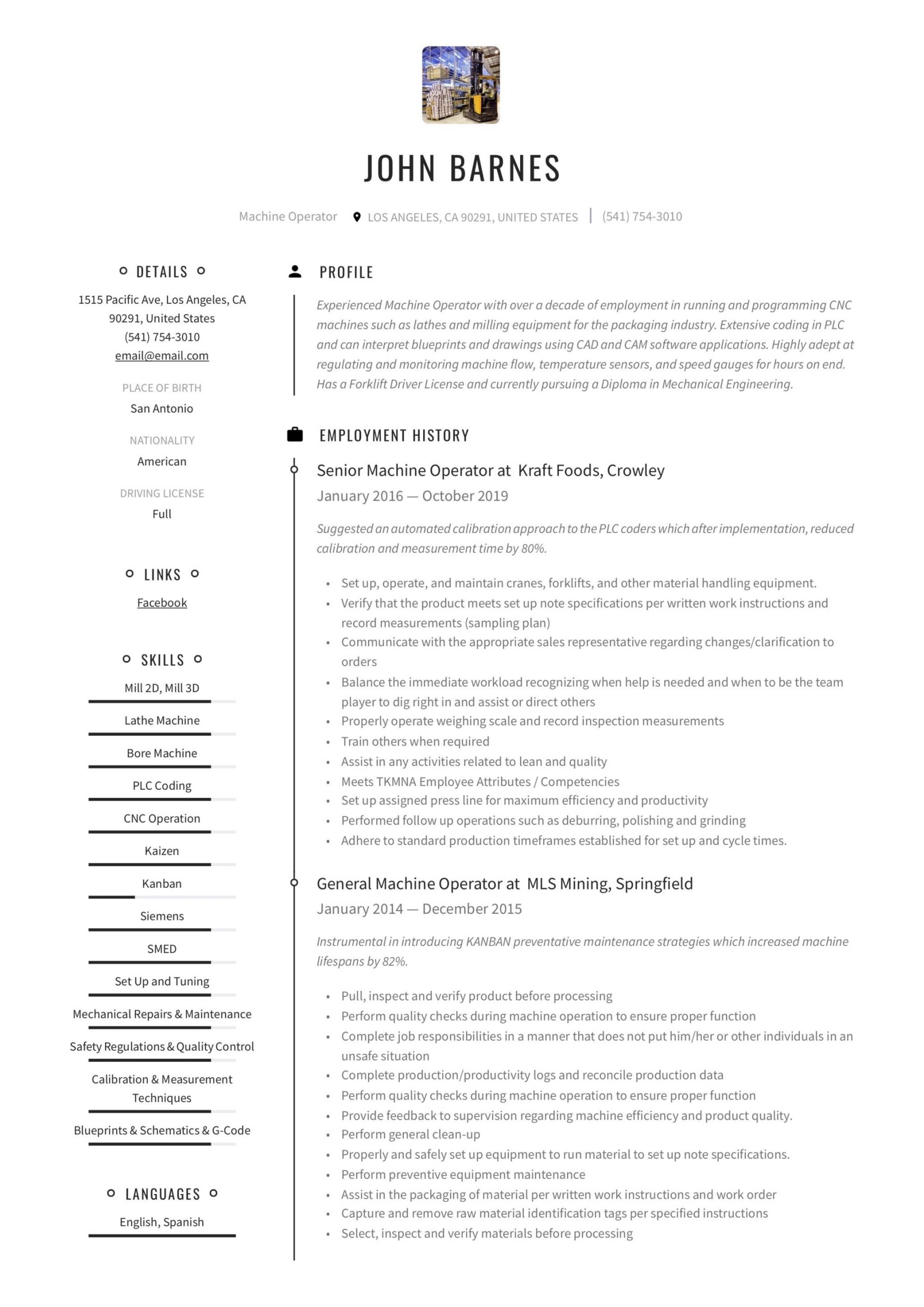 Sample Resume for Vmc Setter Responsibilities Machine Operator Resume & Writing Guide  12 Templates 2020