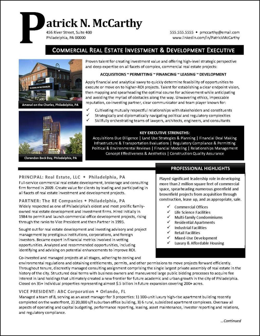 Sample Resume Real Estate Bio Examples Example Executive Real Estate Developer Resume Pg 1 Executive …