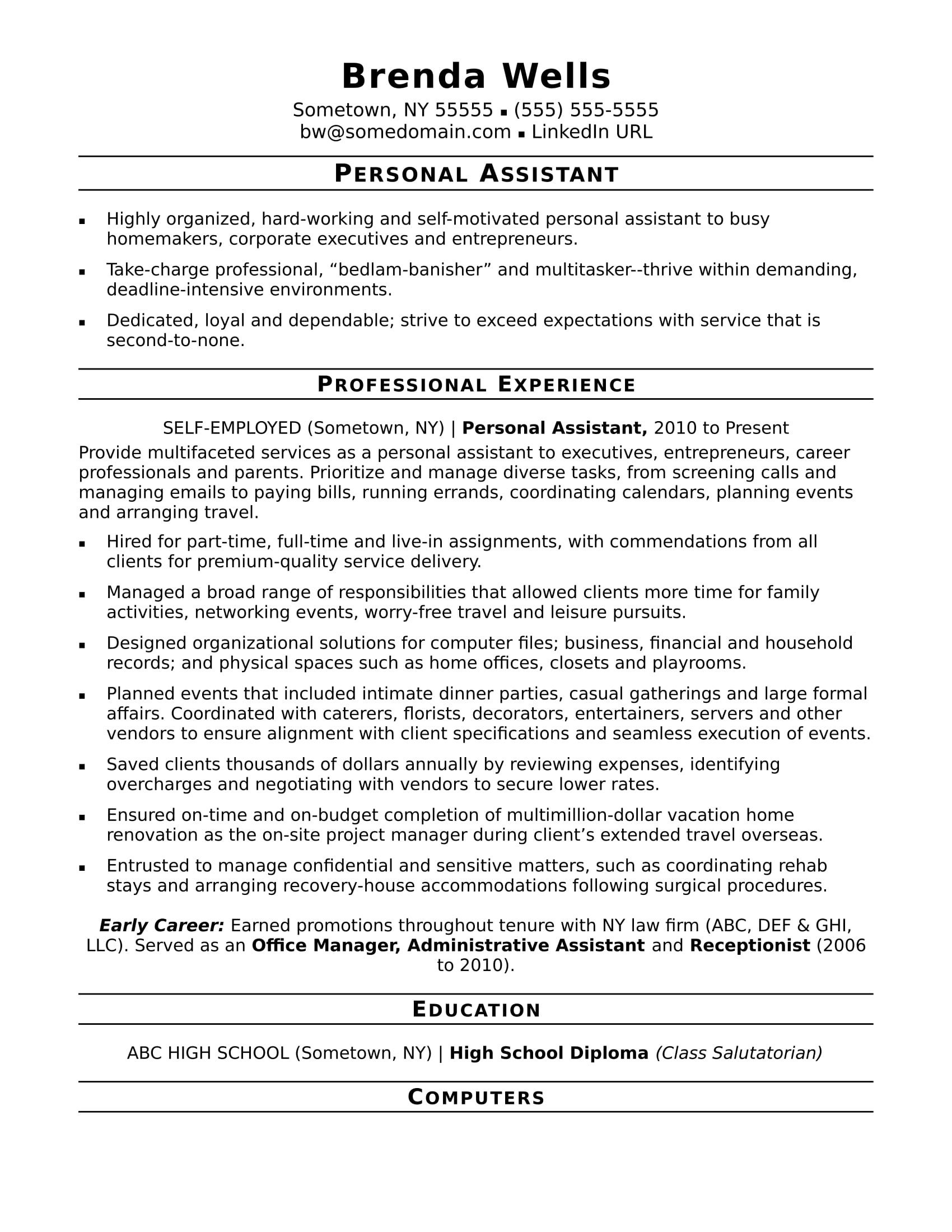 Sample Resume with A Personal Statement Personal assistant Resume Monster.com