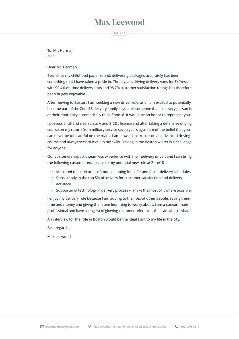 Samples Of Driving Resume with Cash Collection Driver Cover Letter Examples & Expert Tips [free] Â· Resume.io