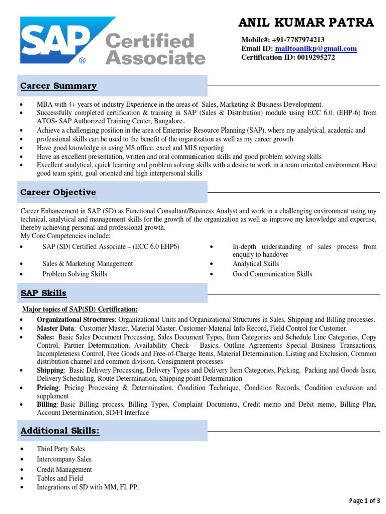 Sap Sd Integration with Fi Sample Resume Sap Sd Freshers Resume with Domain Experience Pdf Sales Sap Se