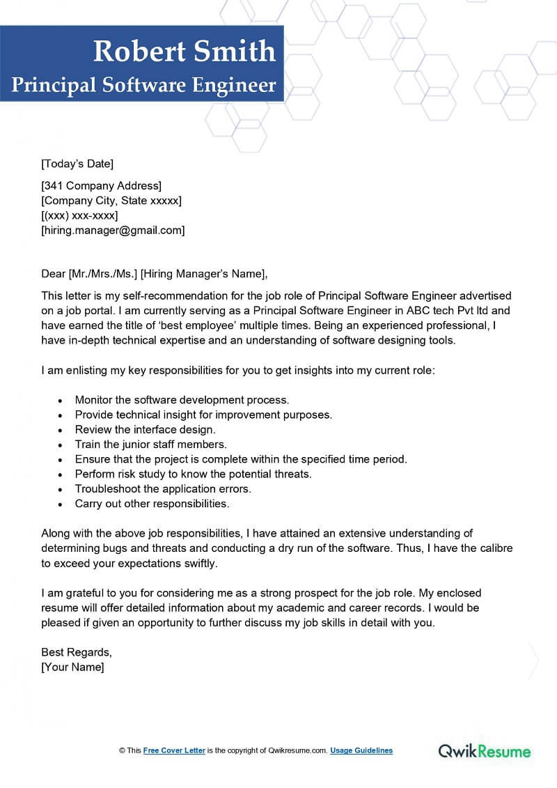 Software Engineer Cover Letter Resume Sample Principal software Engineer Cover Letter Examples – Qwikresume