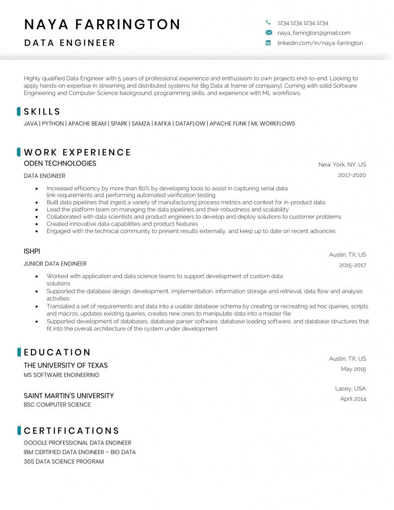 University Of Texas Austin Resume Template Data Engineer Resume Sample and Template 365 Data Science