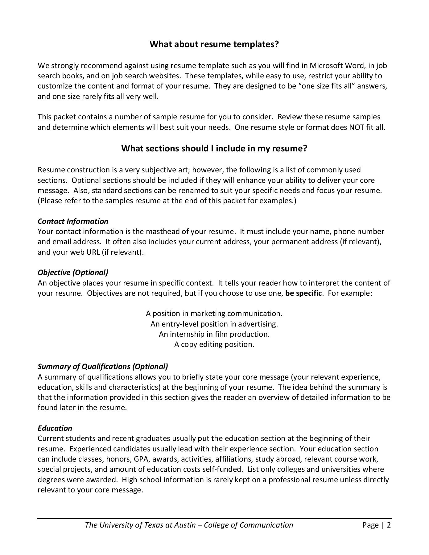 University Of Texas Austin Resume Template Resume Writing Guide – Moody College Of Communication Pages 1 – 20 …