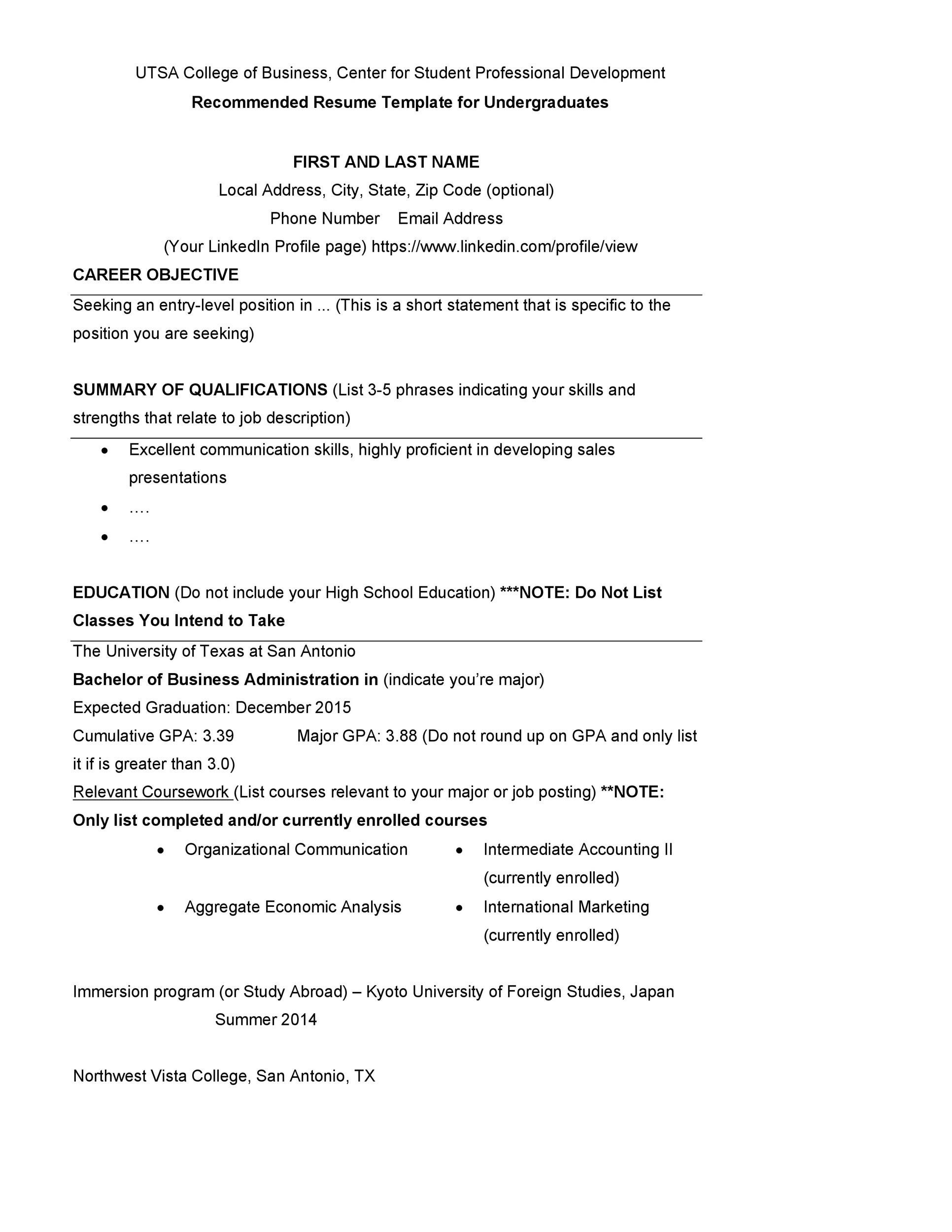 Utsa College Of Business Resume Template 50 College Student Resume Templates (& format) á Templatelab