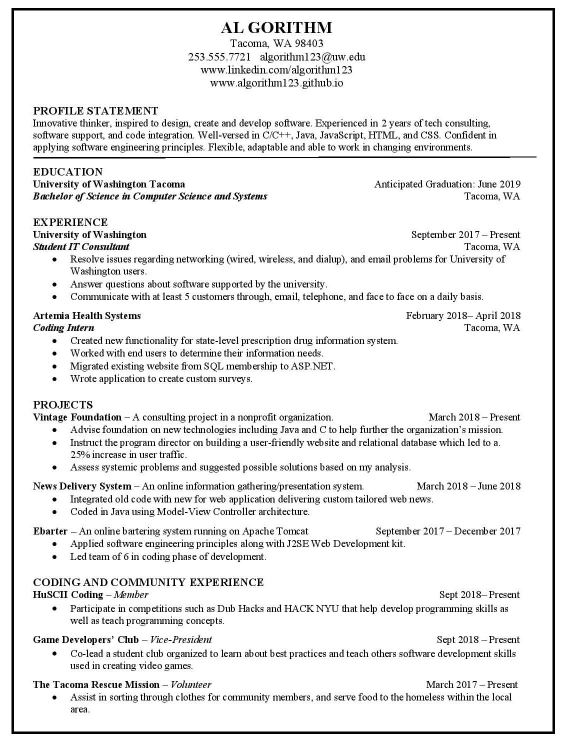 Uw Foster School Of Business Resume Template Resume & Cover Letter Career Development & Education …