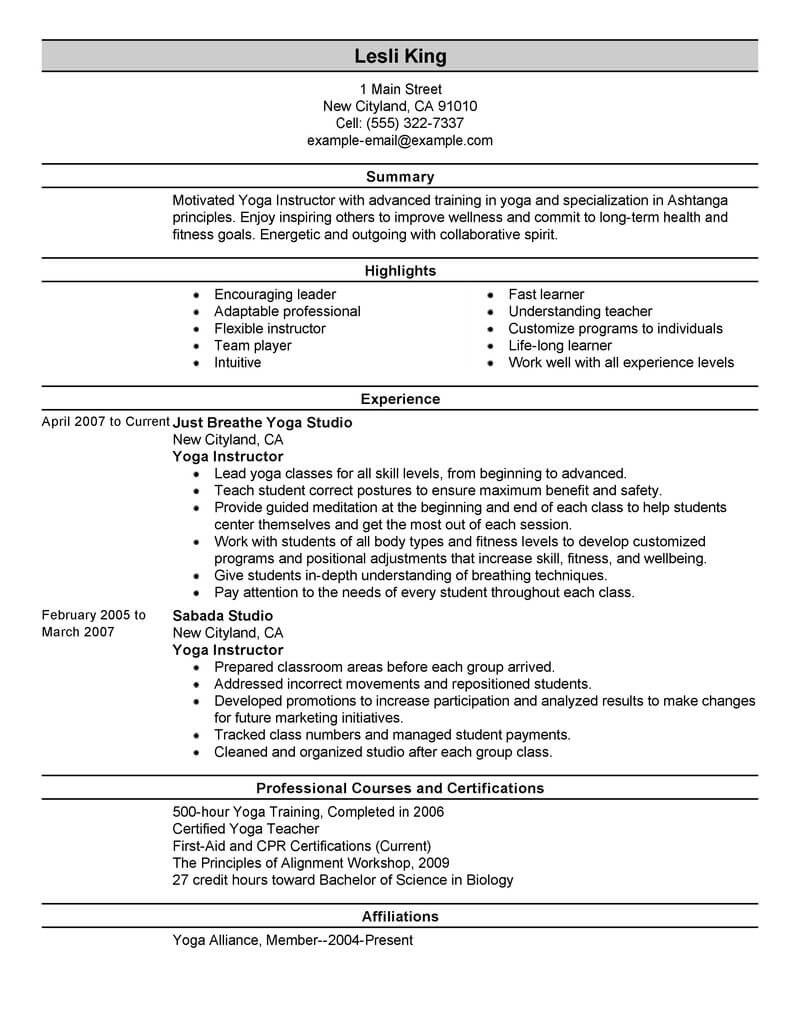 Yoga Teacher Resume Template Little Experience Best Yoga Instructor Resume Example From Professional Resume …