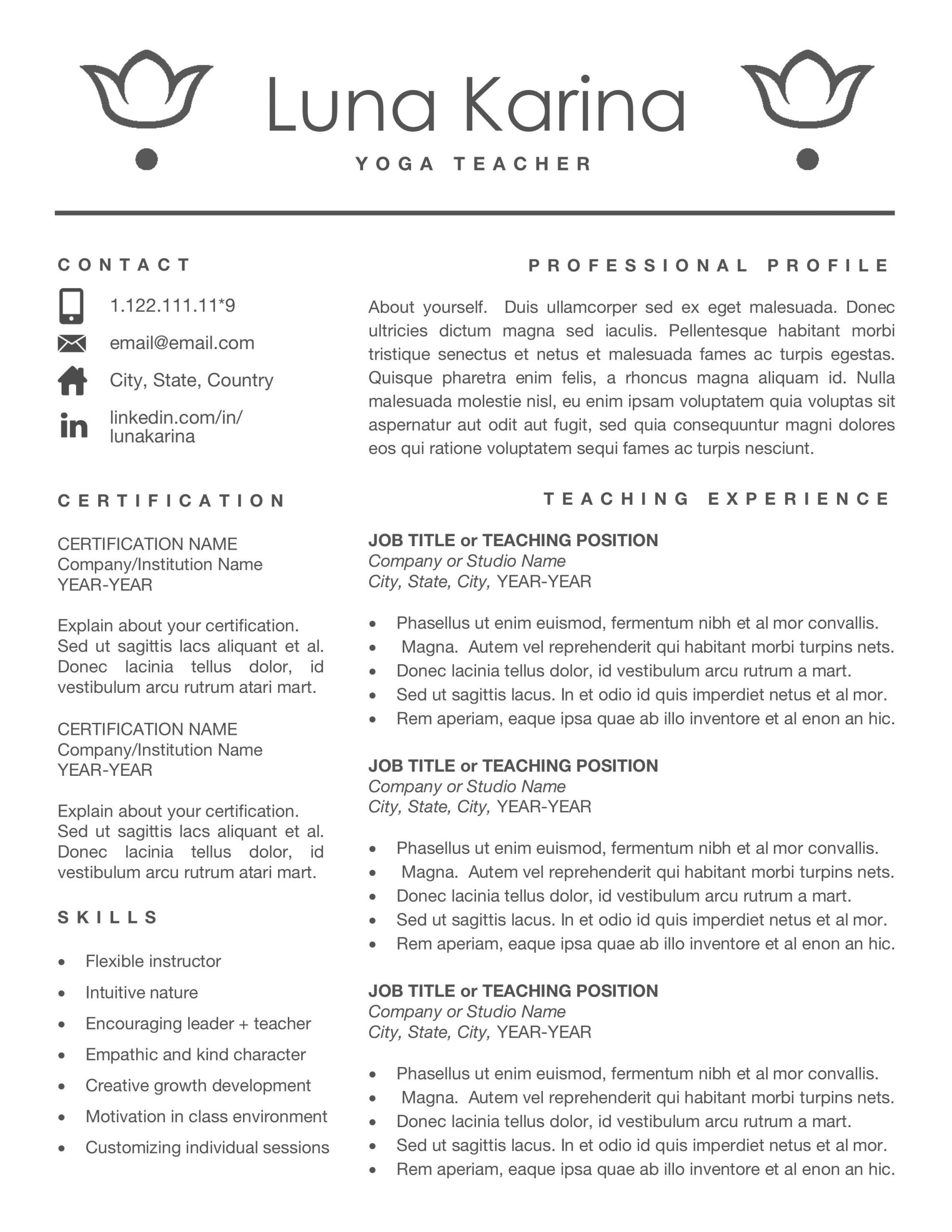 Yoga Teacher Resume Template Little Experience Yoga Resume Template, Gym Resume Design, Editable Resume, Instant …