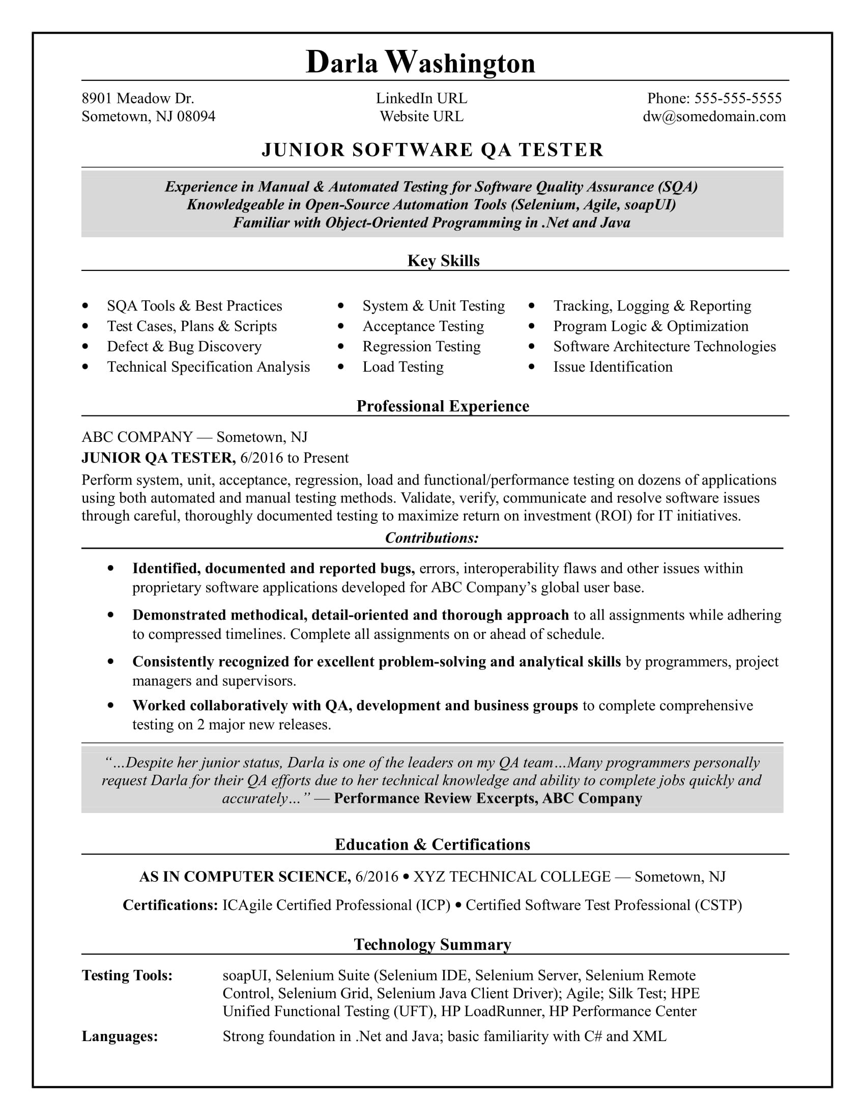 1 Year Experience Resume Sample for Testing Entry-level software Tester Resume Monster.com