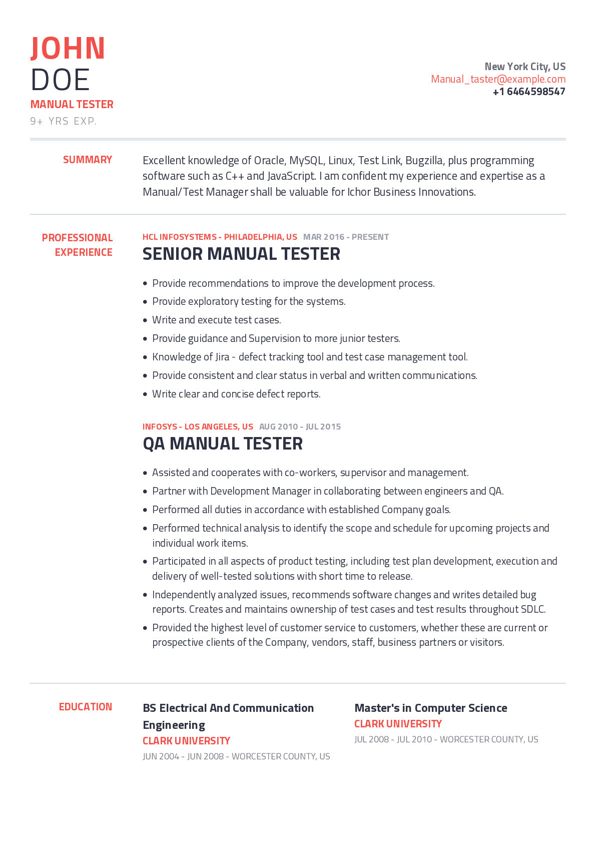 1 Year Experience Resume Sample for Testing Manual Tester Resume Example with Content Sample Craftmycv