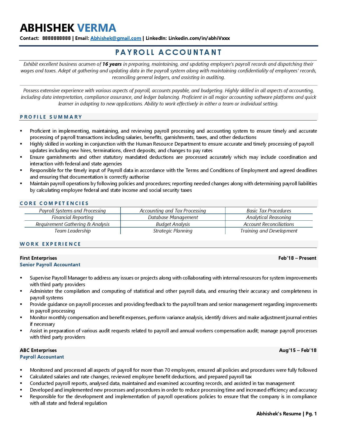 1 Year Experience with Payroll Resume Sample Payroll Accountant Resume Examples & Template (with Job Winning Tips)