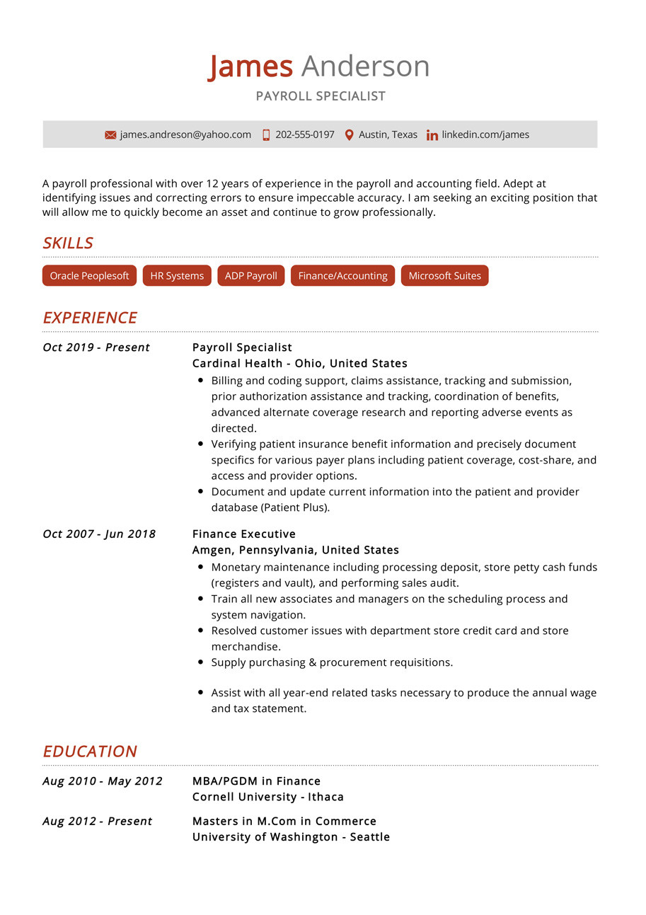 1 Year Experience with Payroll Resume Sample Payroll Specialist Resume Example 2022 Writing Tips – Resumekraft