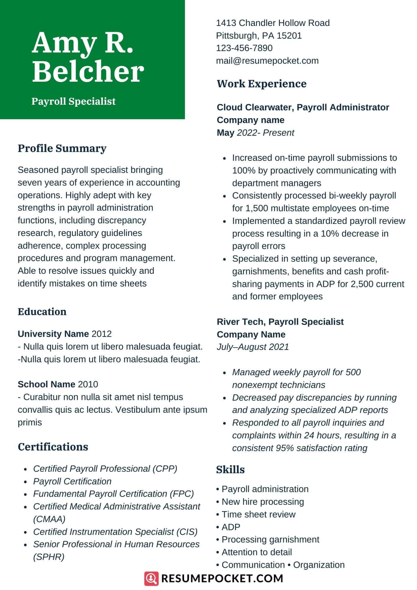 1 Year Experience with Payroll Resume Sample Payroll Specialist Resume Sample – Resumepocket