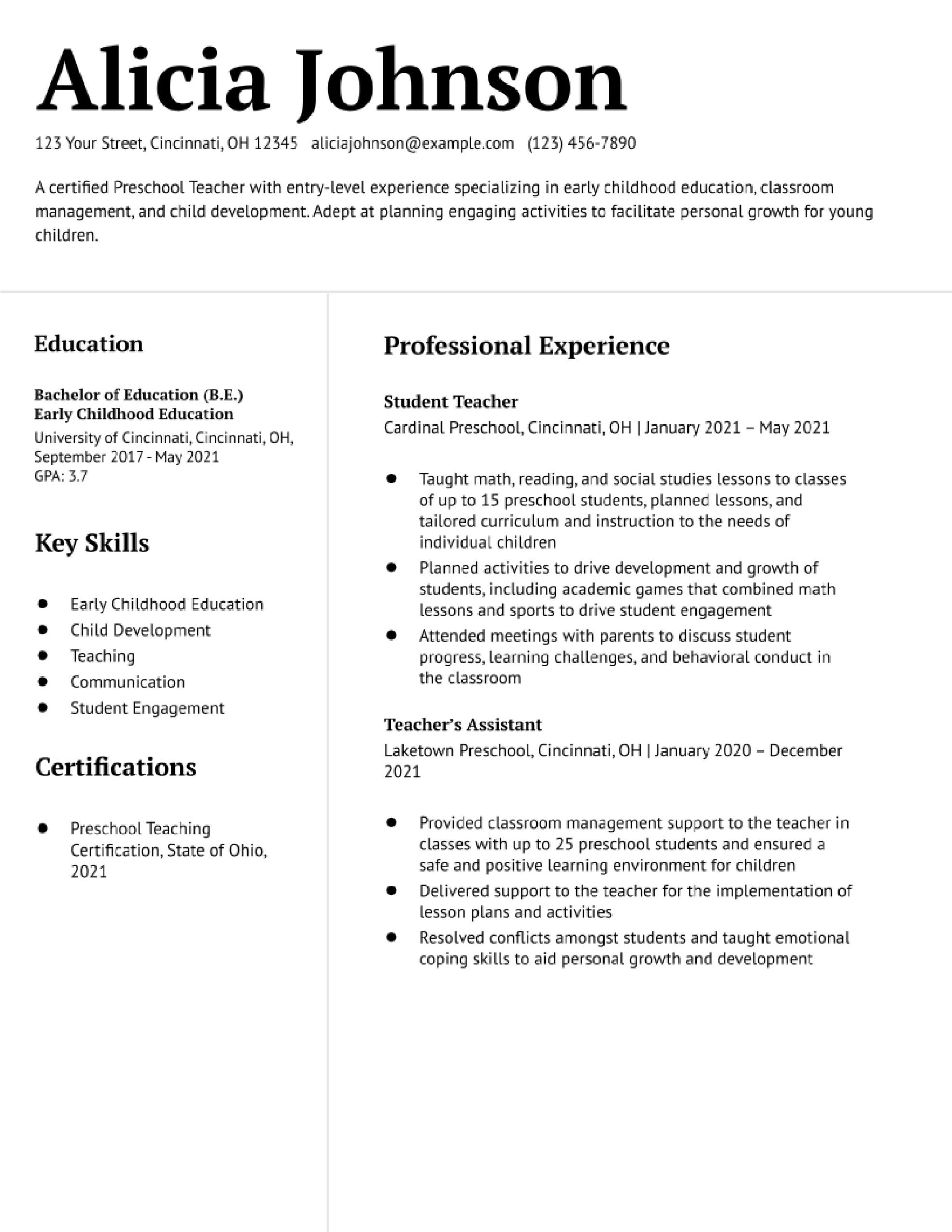 1 Year Work Experience Resume Sample First-year Teacher Resume Examples In 2022 – Resumebuilder.com