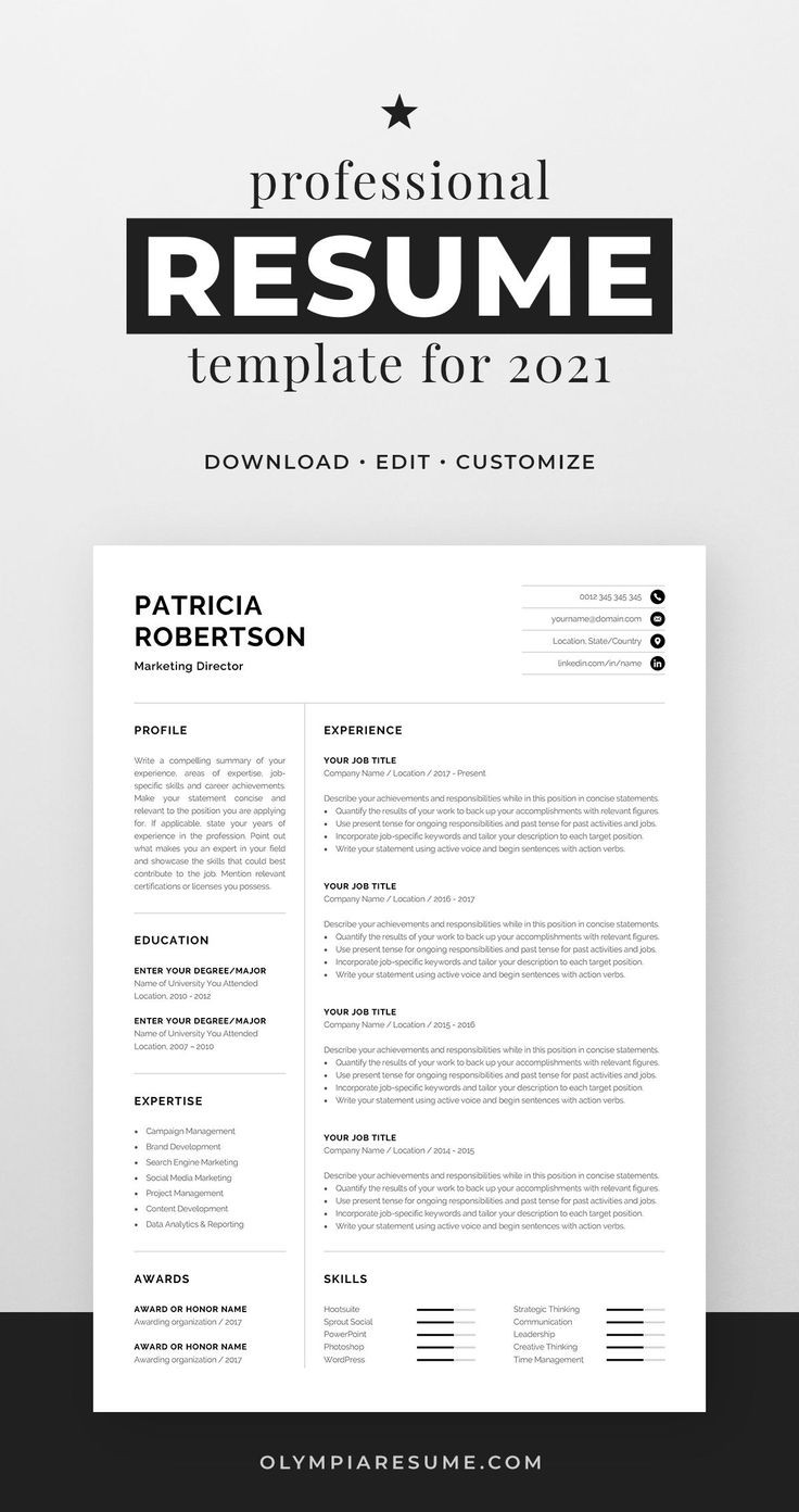 Back Page Of Resume Work Sample Design Professional 1 Page Resume Template Modern One Page Cv – Etsy …