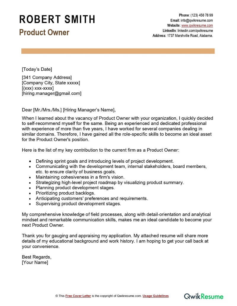 Back to Work Resume Cover Letter Sample Product Owner Cover Letter Examples – Qwikresume