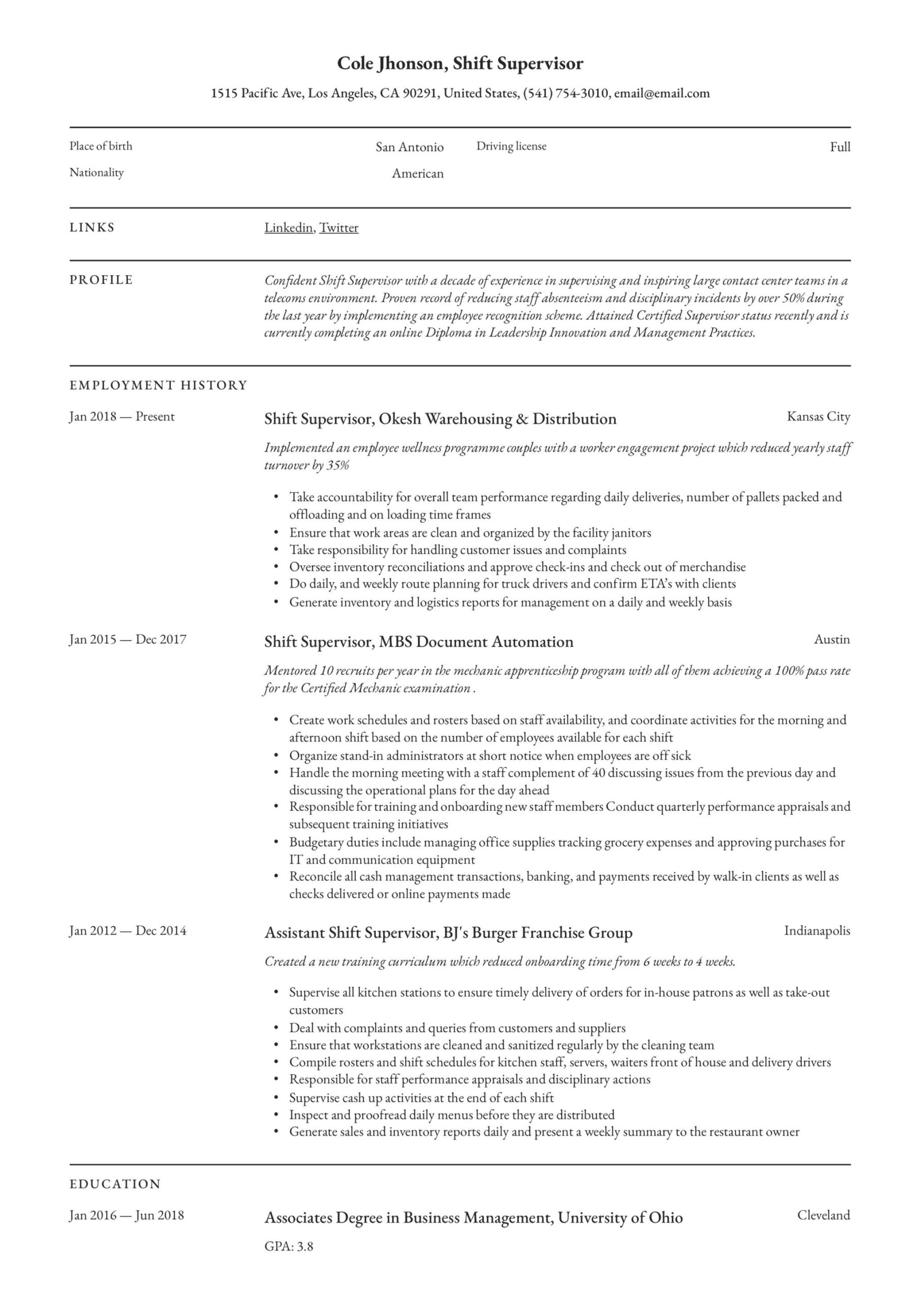 Back to Work Retirement Resume Sample Shift Supervisor Resume & Writing Guide  12 Templates 2020