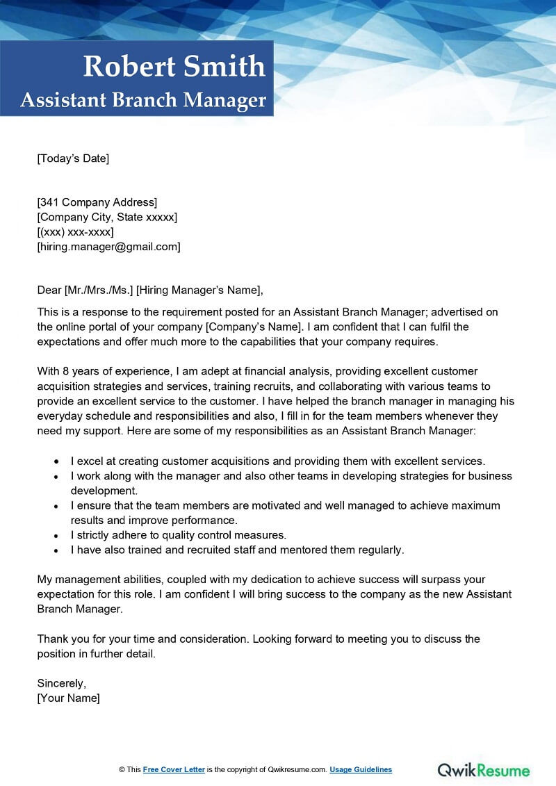 Bank assistant Branch Manager Resume Sample assistant Branch Manager Cover Letter Examples – Qwikresume