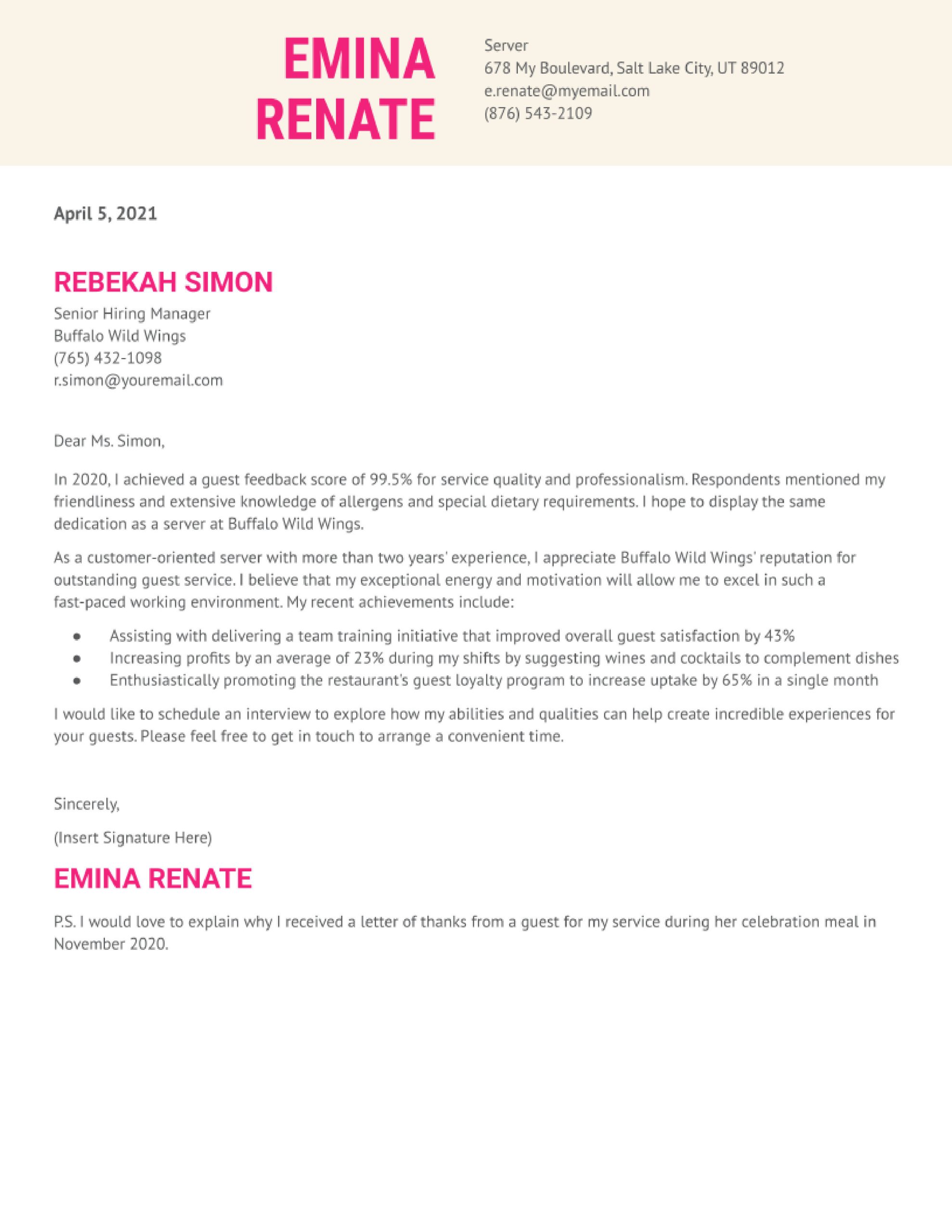 Buffalo Wild Wings Manager Sample Resume Server Cover Letter Examples In 2022 – Resumebuilder.com