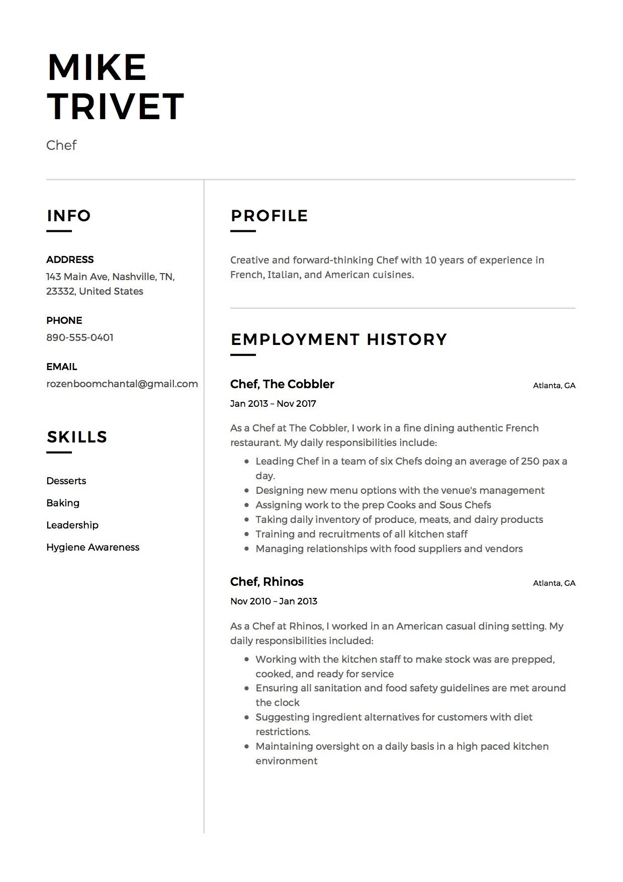 Chef Resume Sample by Resume Genius Sample Chef Resume