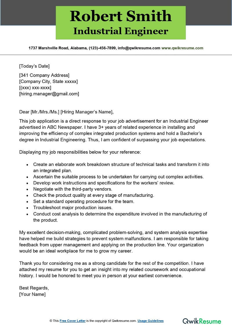 Cover Letter and Resume Sample by Industry Industrial Engineer Cover Letter Examples – Qwikresume