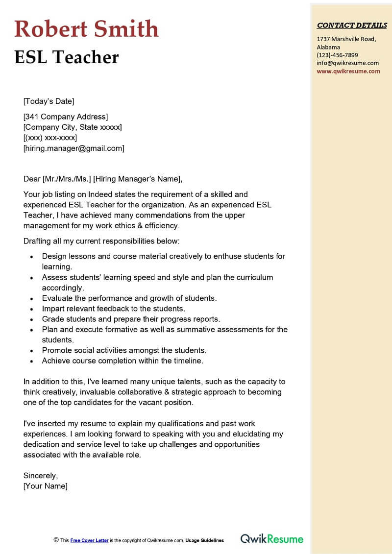 Cover Letter and Resume Samples for Teachers Esl Teacher Cover Letter Examples – Qwikresume