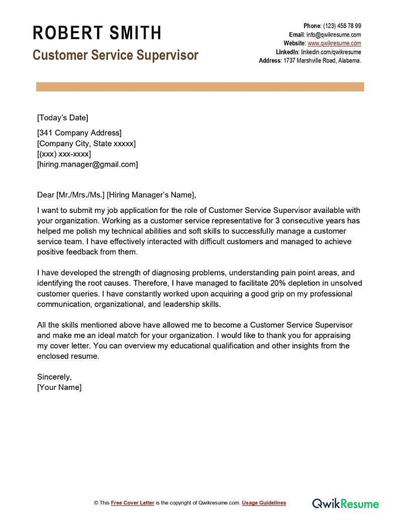 Cover Letter Customer Service Resume Sample Customer Service Supervisor Cover Letter Examples – Qwikresume